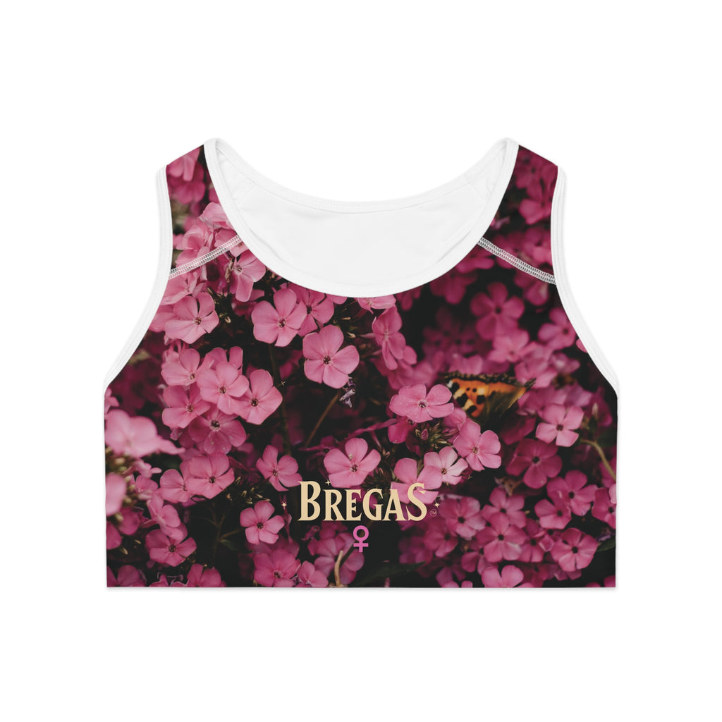 Sports Bra, Pink Phlox flowers with Butterfly, W4W. Made in the USA.