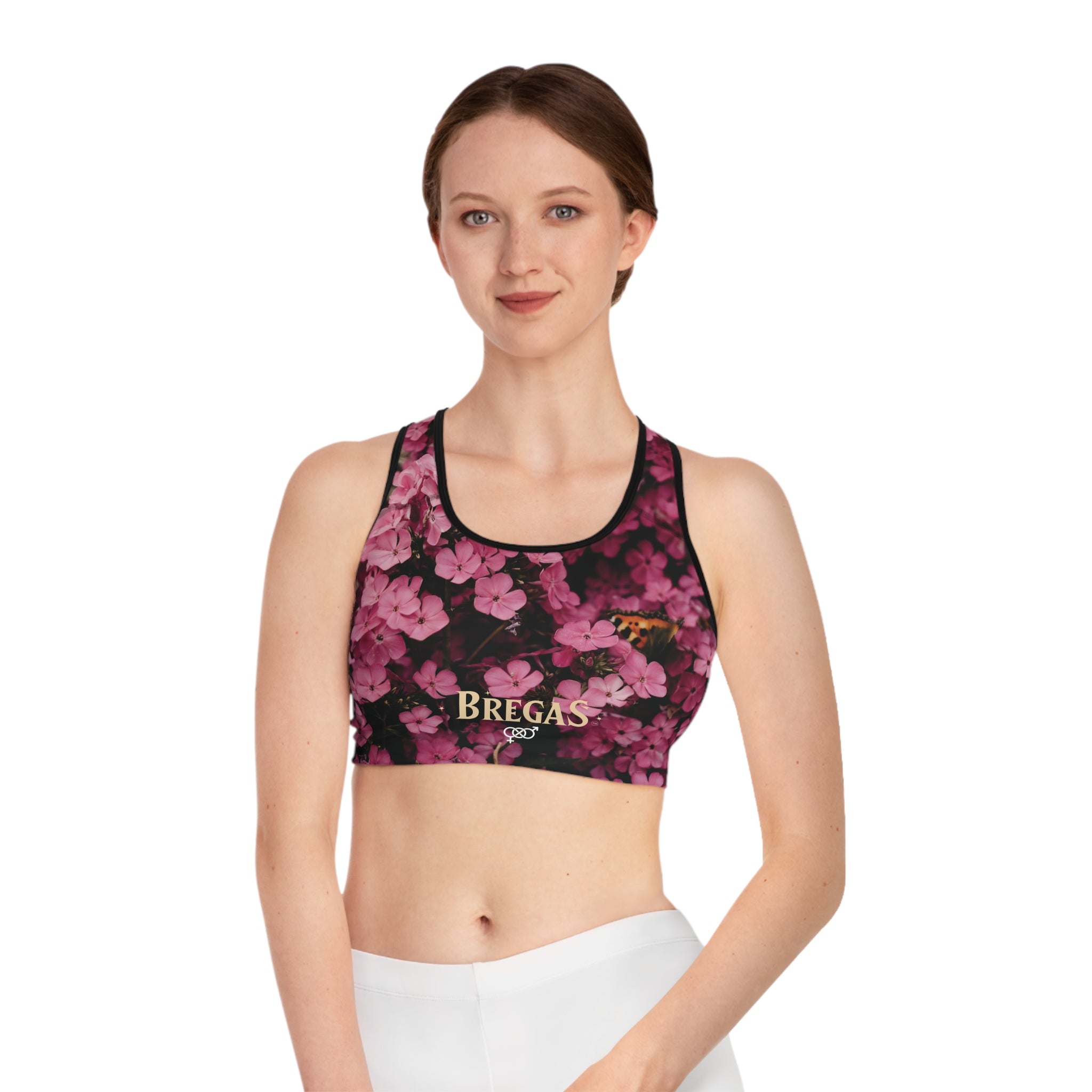Sports Bra, Pink flowers with Butterfly, Bisexual. Made in the USA.