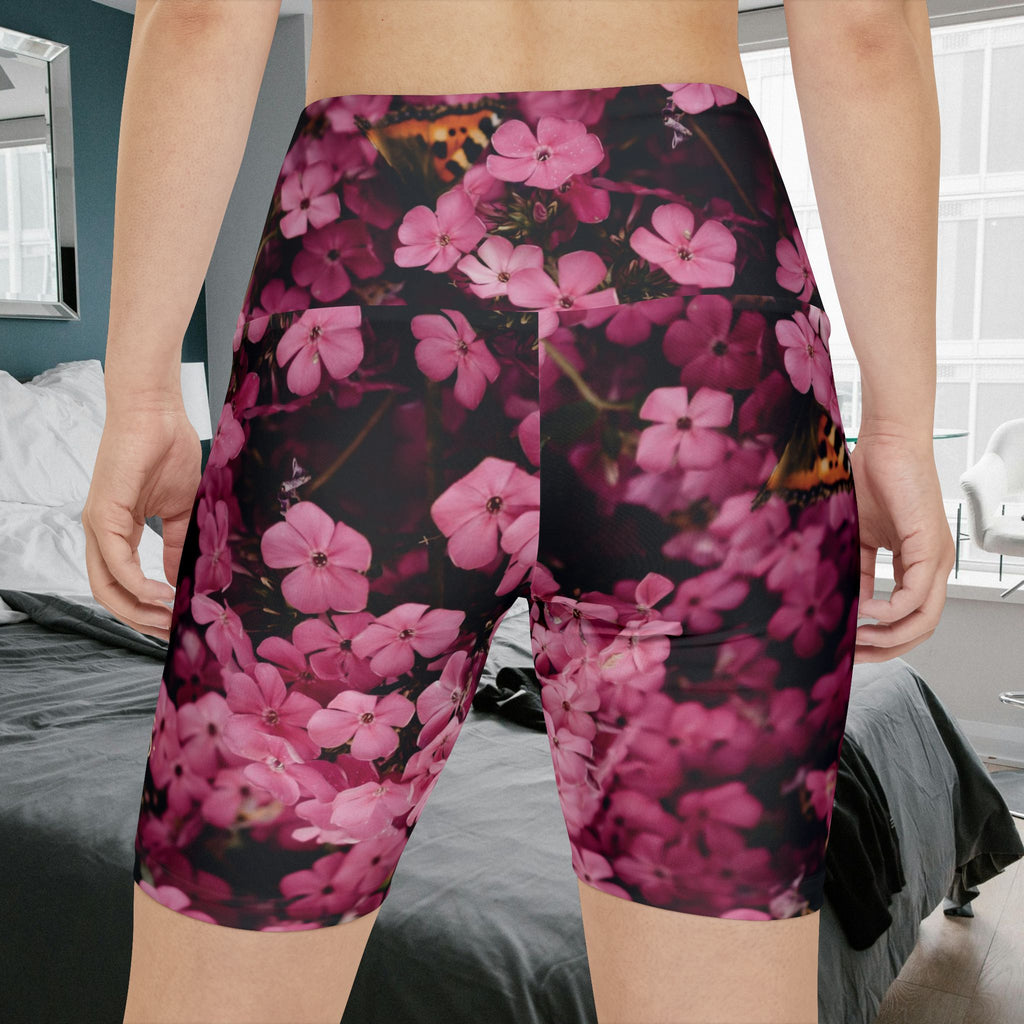 Workout Shorts, Pink flowers with Butterfly, Bisexual. Made in the USA.