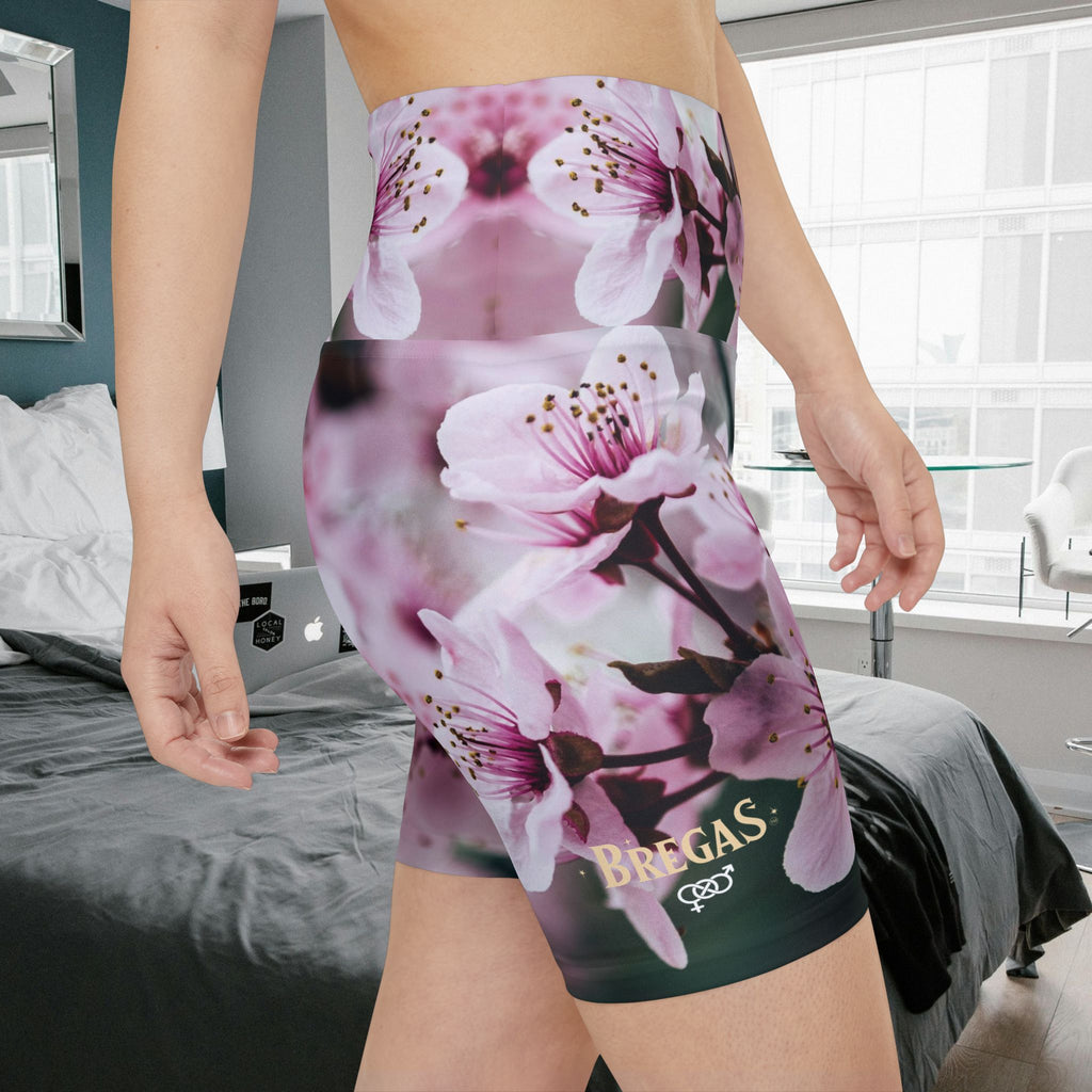 Cherry Blossom Women's Workout Shorts, Bisexual symbol both legs