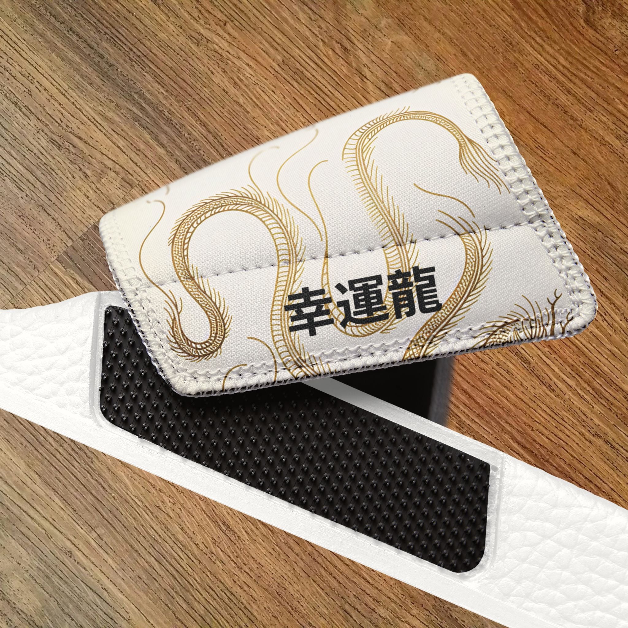 Golden Dragon Women's custom Slides with a 幸運龍 Lucky Dragon traditional Chinese text blessing