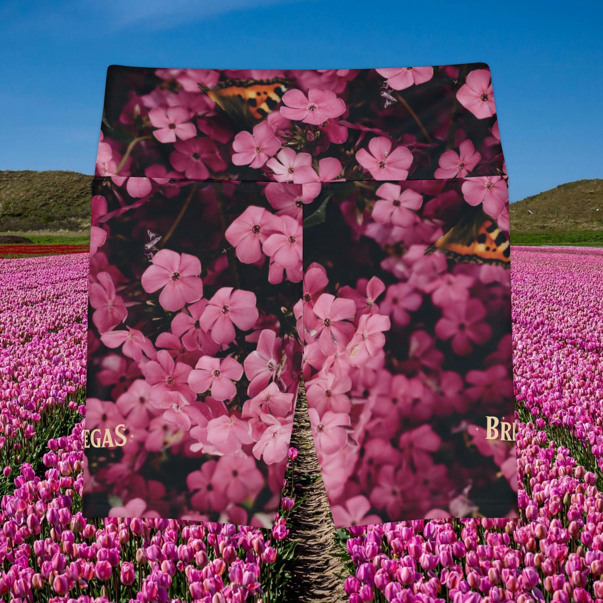 Workout Shorts, Pink flowers with Butterfly. Non Dating Cool. Made in the USA.