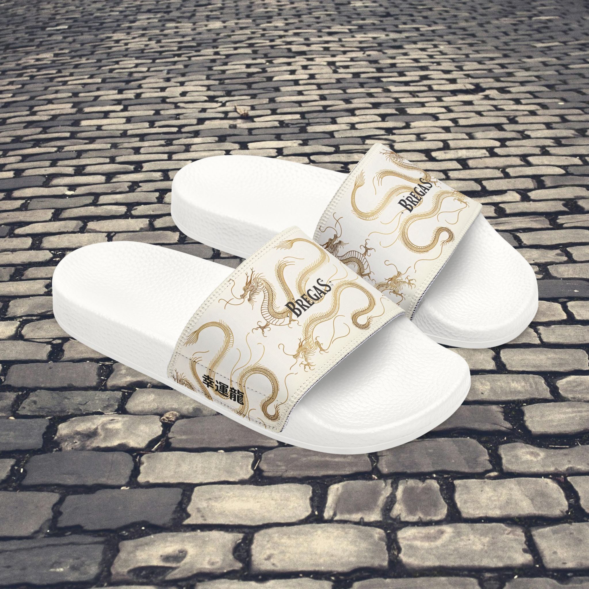 Golden Dragon Women's custom Slides with a 幸運龍 Lucky Dragon traditional Chinese text blessing