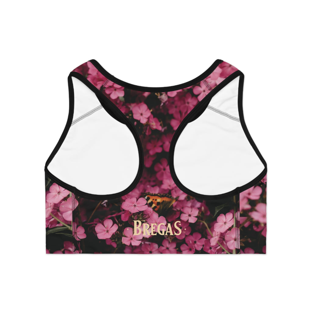Sports Bra, Pink Phlox flowers with Butterfly, Non Dating Cool. Made in the USA.