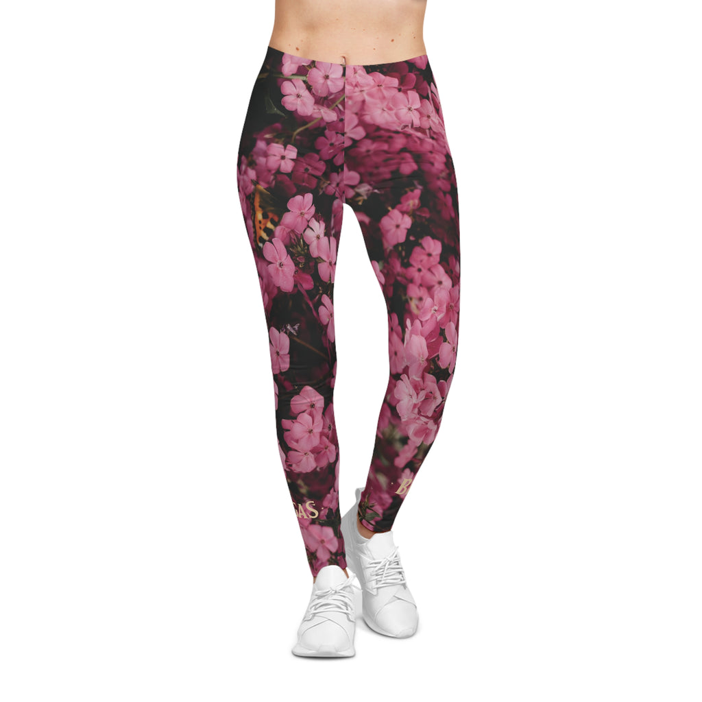 Leggings, Pink flowers with a butterfly. Non Dating Cool. Made in the USA.