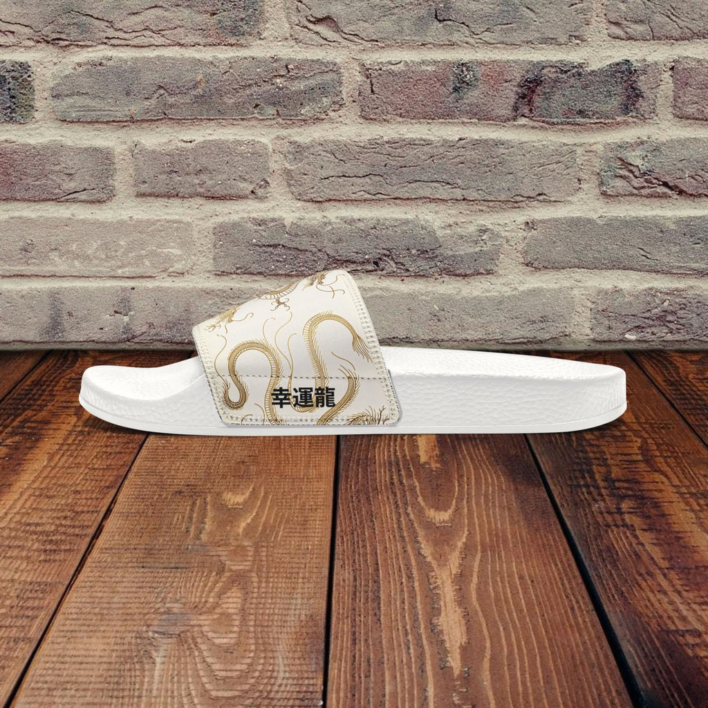 Golden Dragon Women's custom Slides with a 幸運龍 Lucky Dragon traditional Chinese text blessing