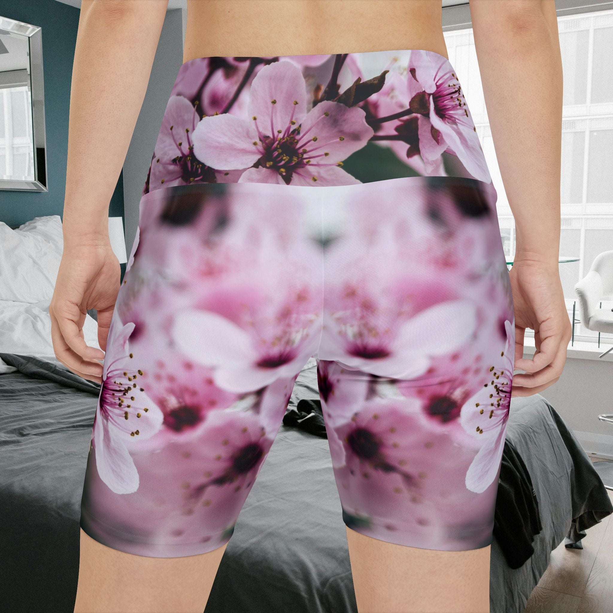 Cherry Blossom Women's Workout Shorts, Bisexual symbol both legs