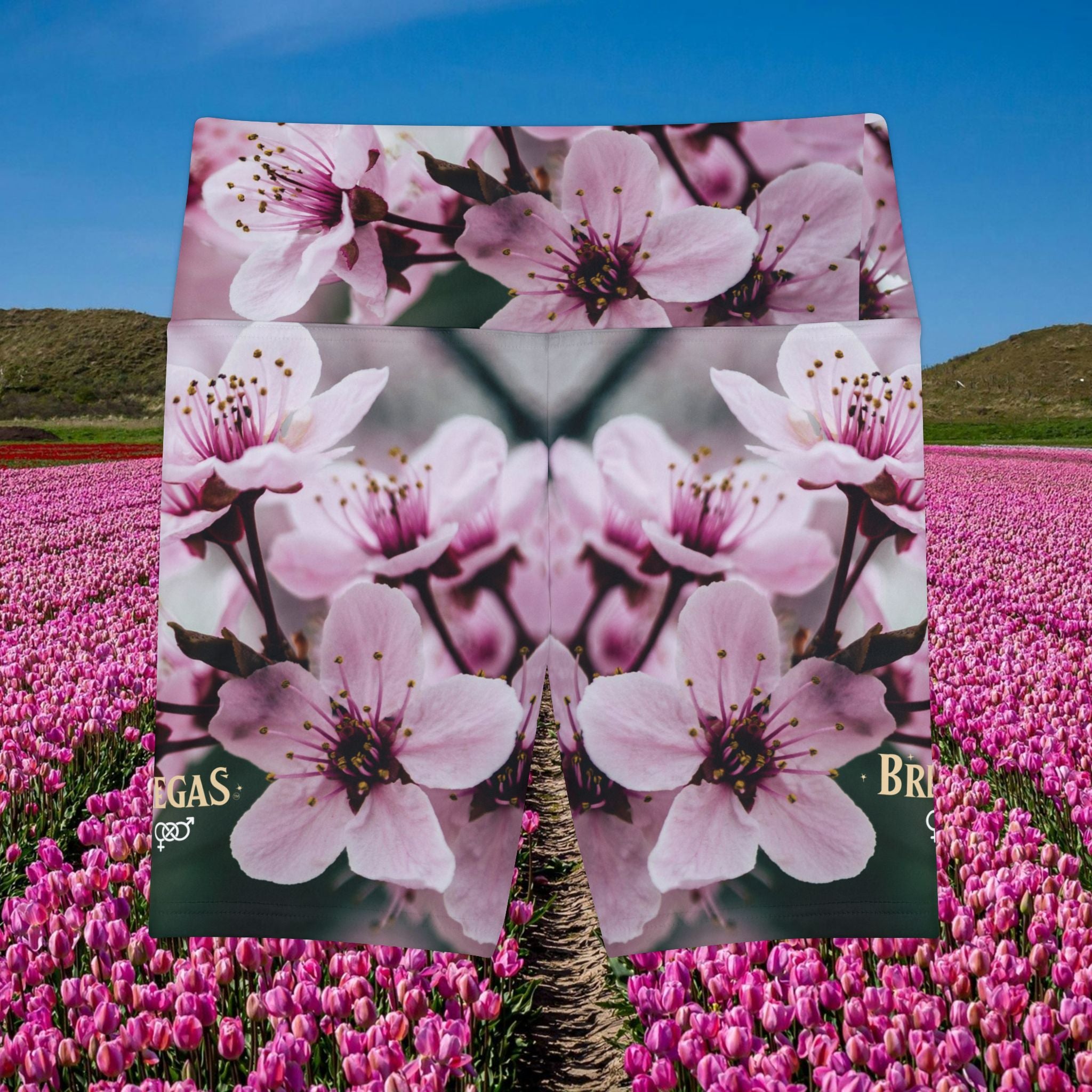 Cherry Blossom Women's Workout Shorts, Bisexual symbol both legs