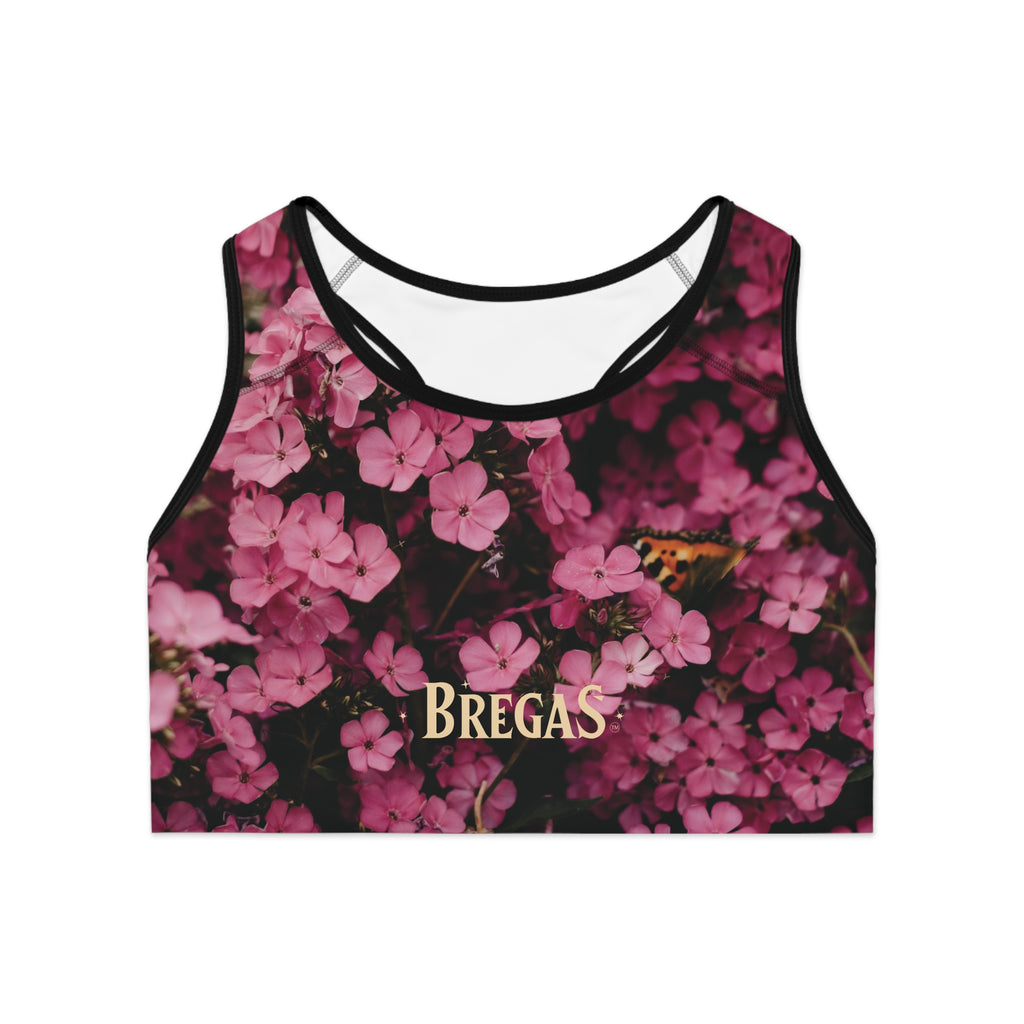 Sports Bra, Pink Phlox flowers with Butterfly, Non Dating Cool. Made in the USA.