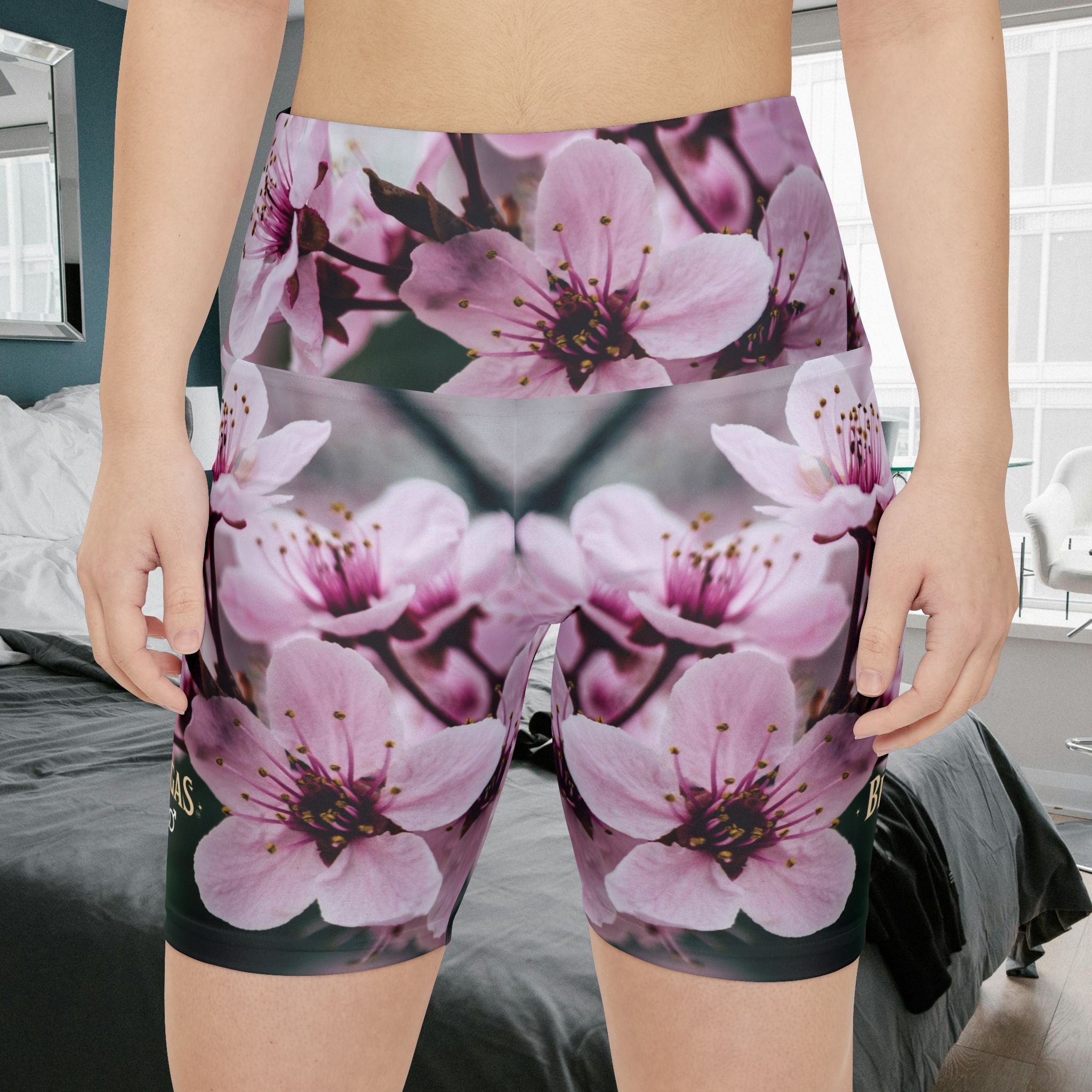 Cherry Blossom Women's Workout Shorts, Bisexual symbol both legs