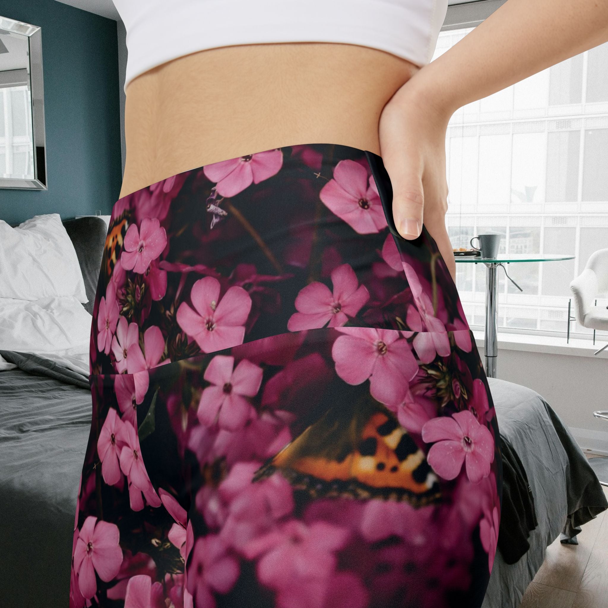 Workout Shorts, Pink flowers with Butterfly. Non Dating Cool. Made in the USA.