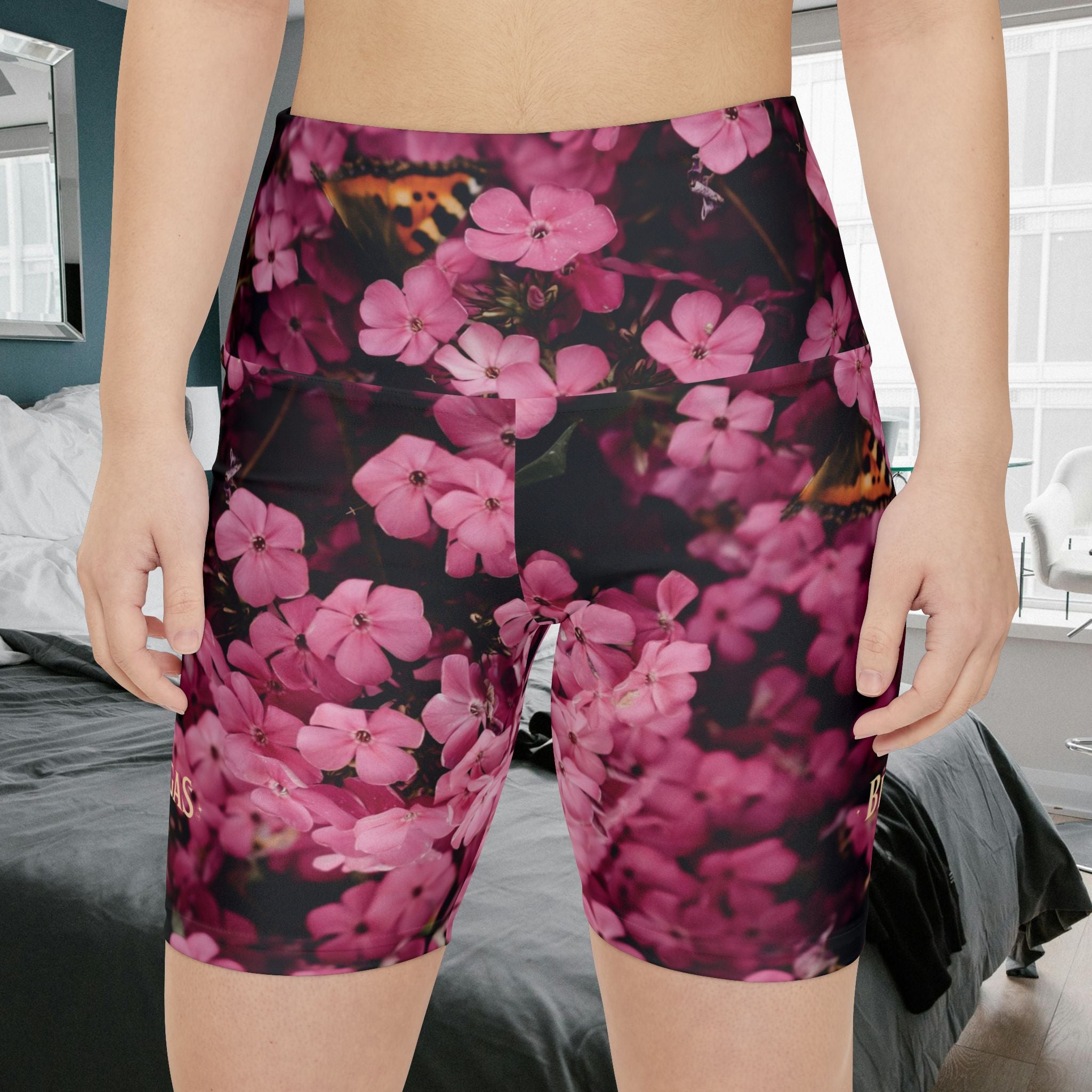 Workout Shorts, Pink flowers with Butterfly. Non Dating Cool. Made in the USA.