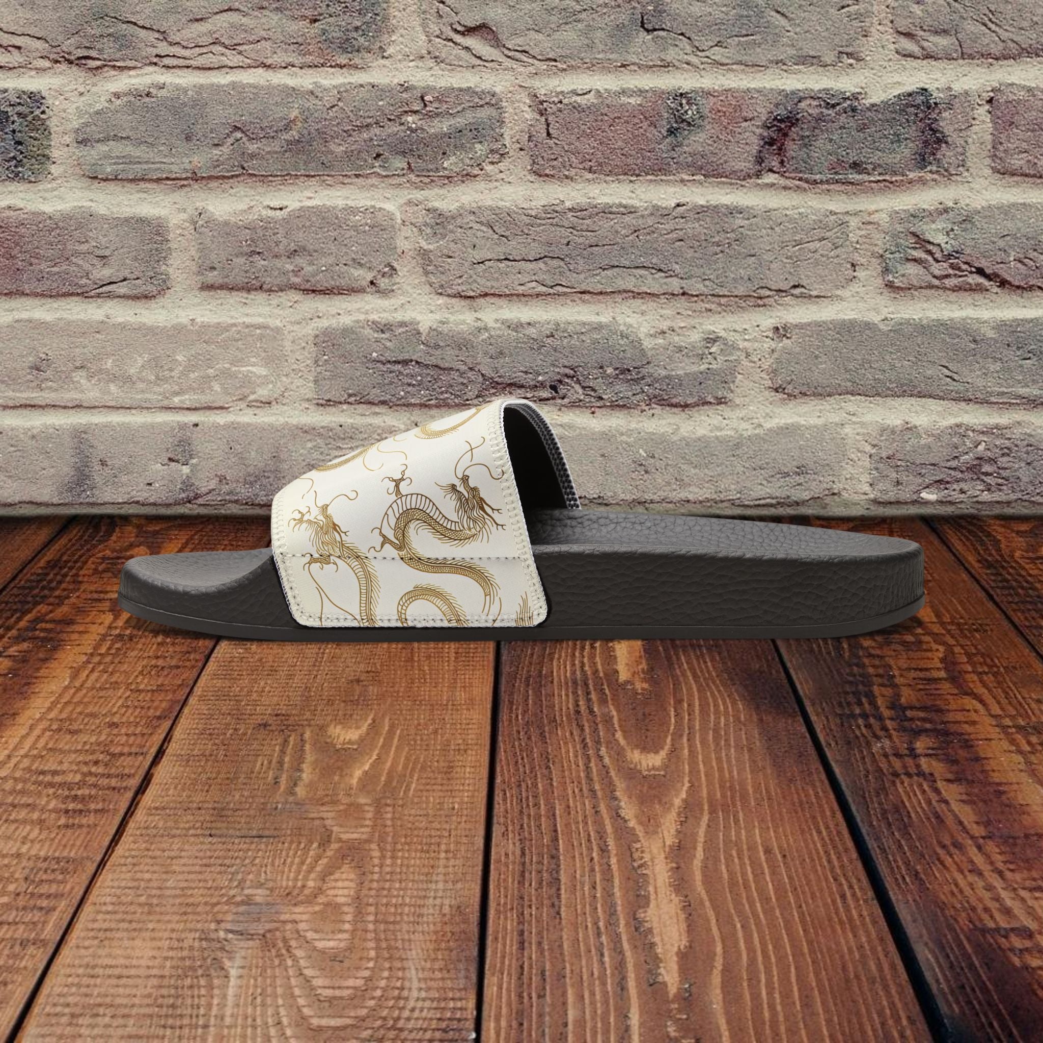 Golden Dragon Women's custom Slides with a 幸運龍 Lucky Dragon traditional Chinese text blessing