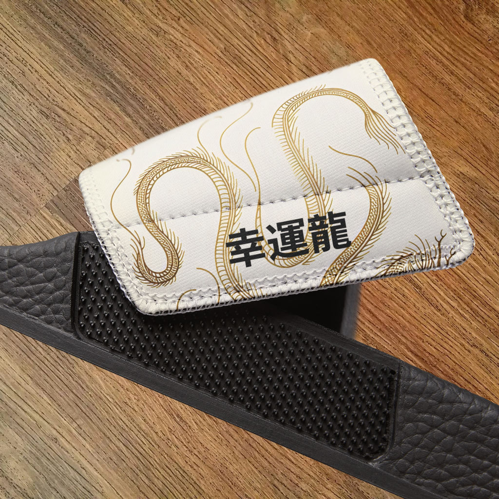 Golden Dragon Women's custom Slides with a 幸運龍 Lucky Dragon traditional Chinese text blessing