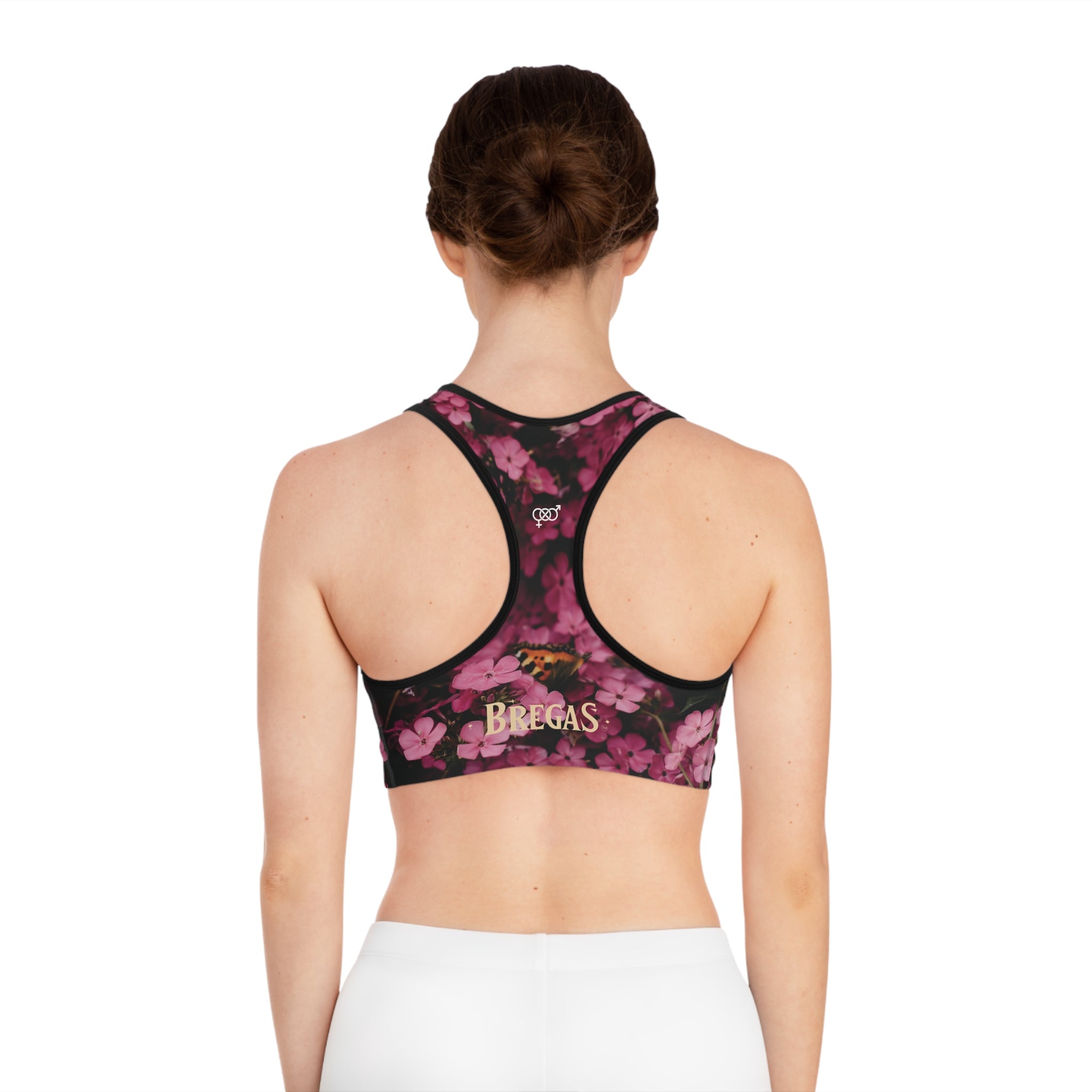 Sports Bra, Pink flowers with Butterfly, Bisexual. Made in the USA.