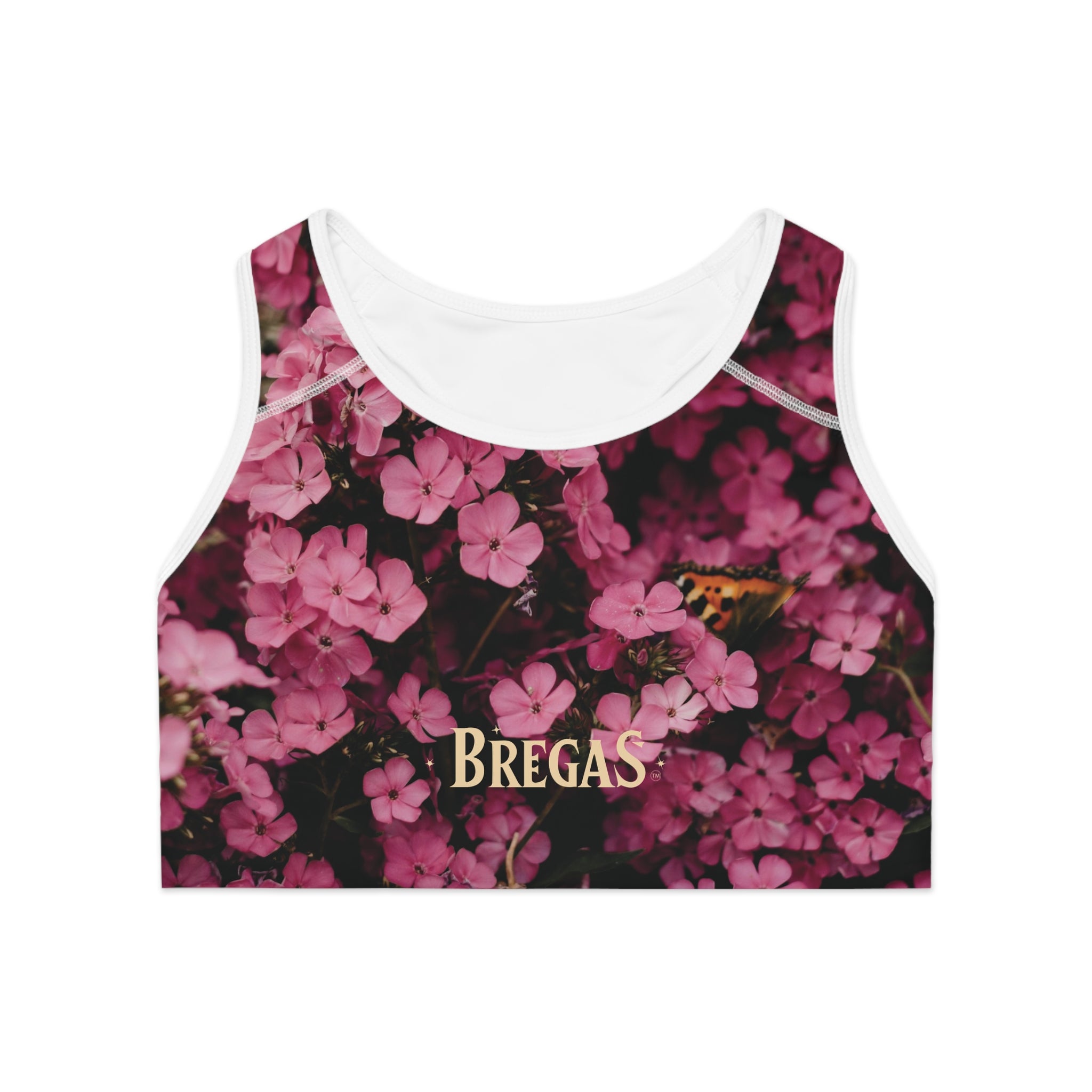 Sports Bra, Pink Phlox flowers with Butterfly, Non Dating Cool. Made in the USA.