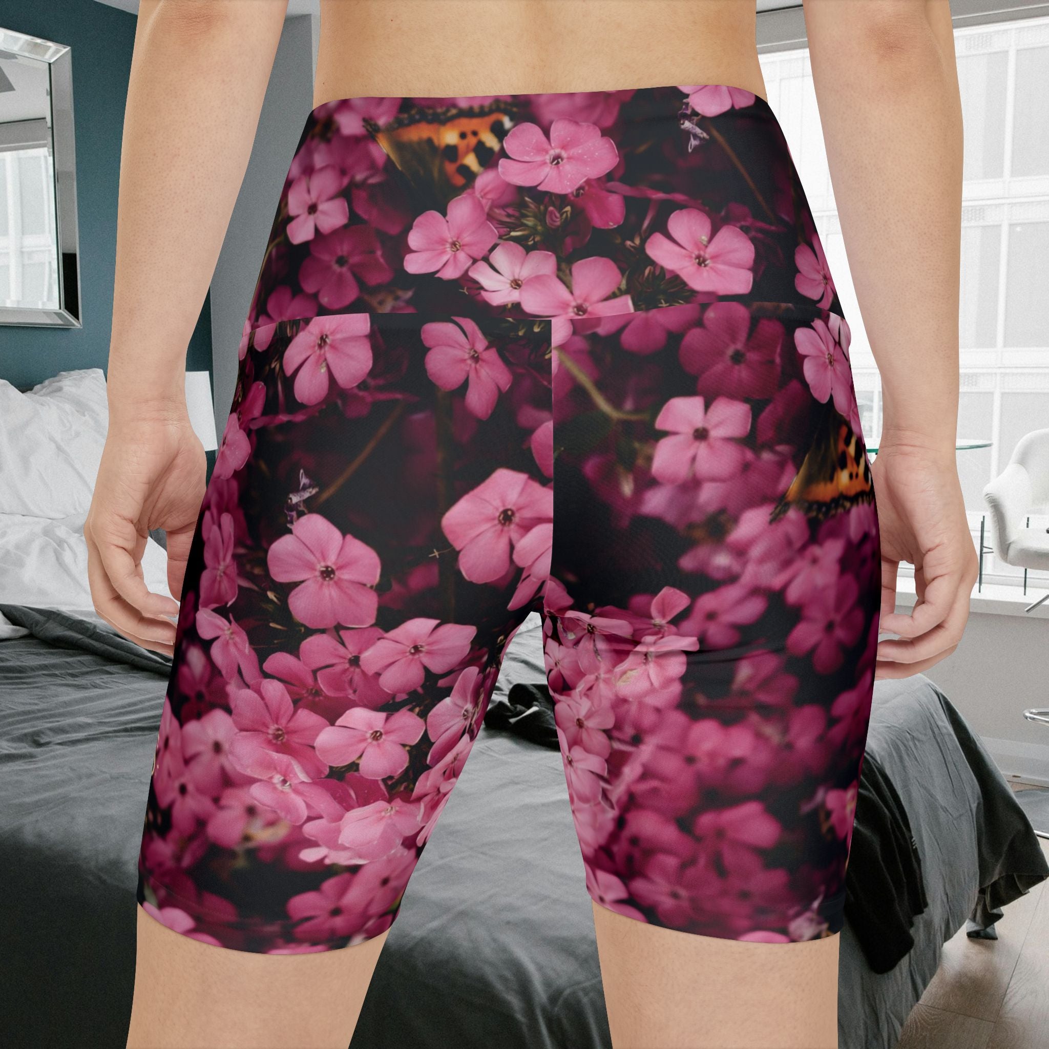 Workout Shorts, Pink flowers with Butterfly. W4W. Made in the USA.
