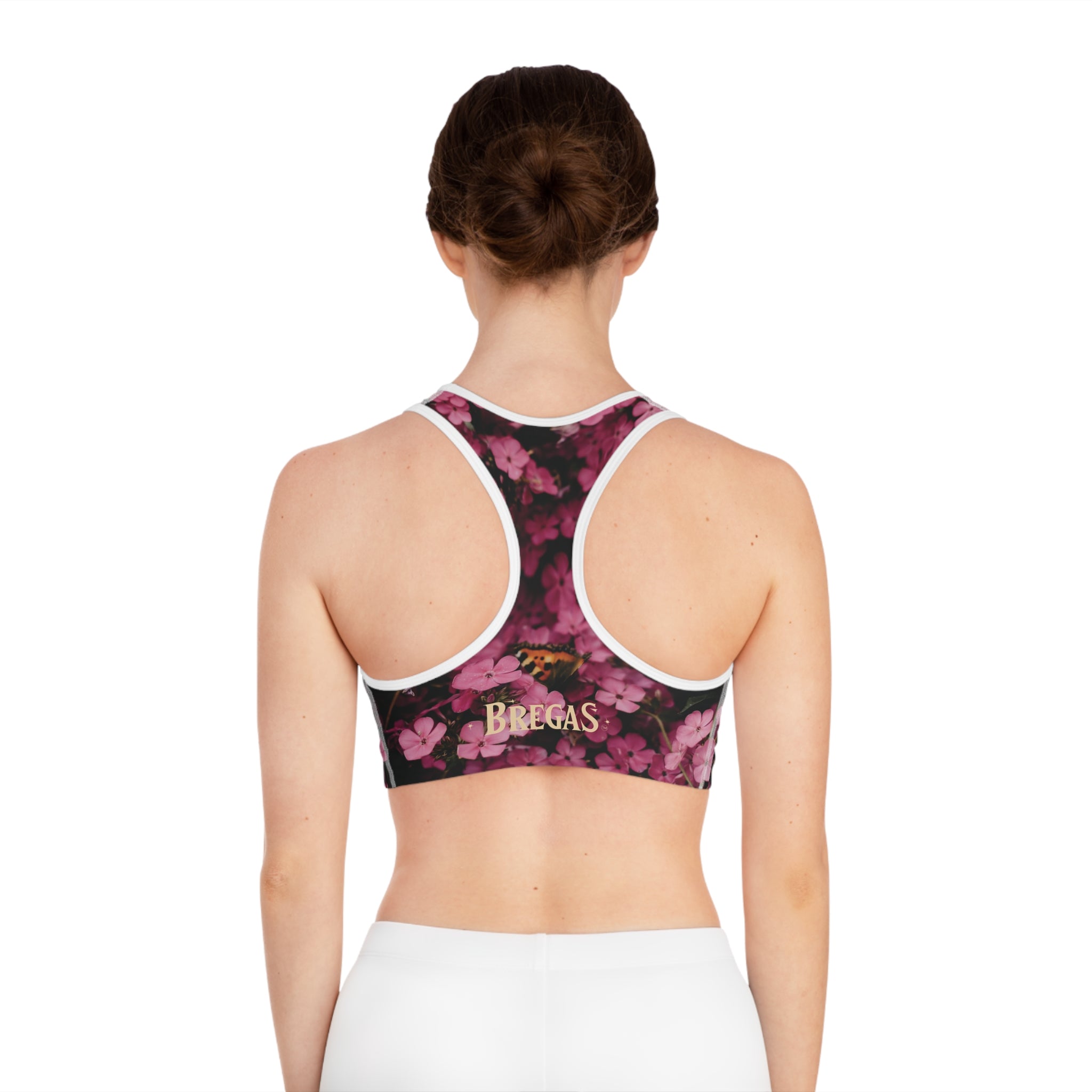 Sports Bra, Pink Phlox flowers with Butterfly, Non Dating Cool. Made in the USA.