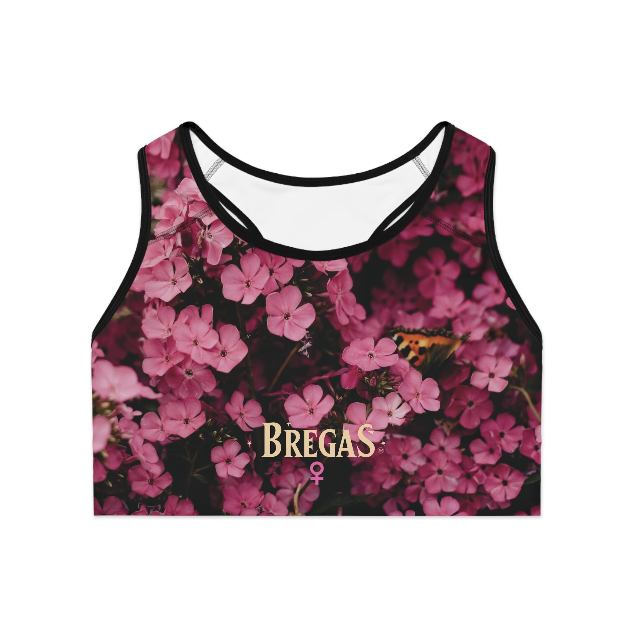 Sports Bra, Pink Phlox flowers with Butterfly, W4W. Made in the USA.