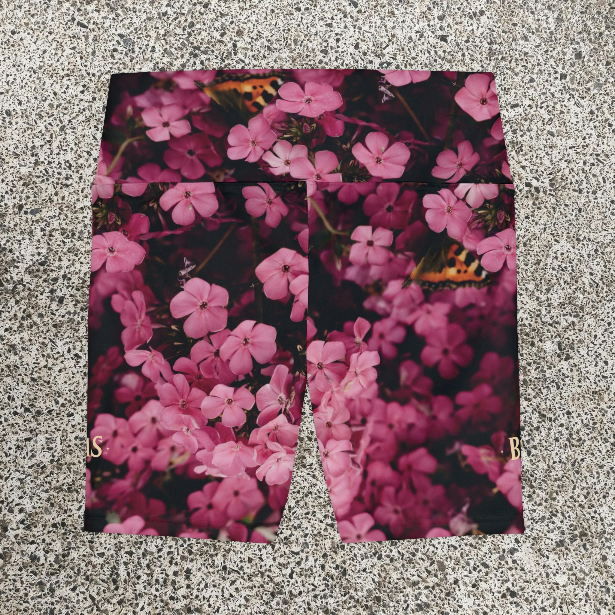 Workout Shorts, Pink flowers with Butterfly. W4W. Made in the USA.