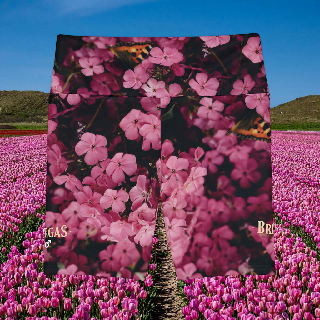 Workout Shorts, Pink flowers with Butterfly, W4M. Made in the USA.