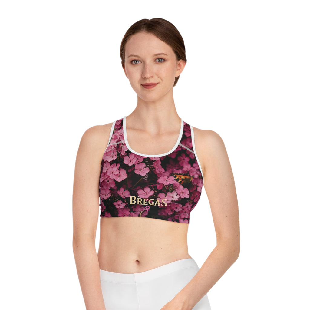 Sports Bra, Pink Phlox flowers with Butterfly, W4W. Made in the USA.