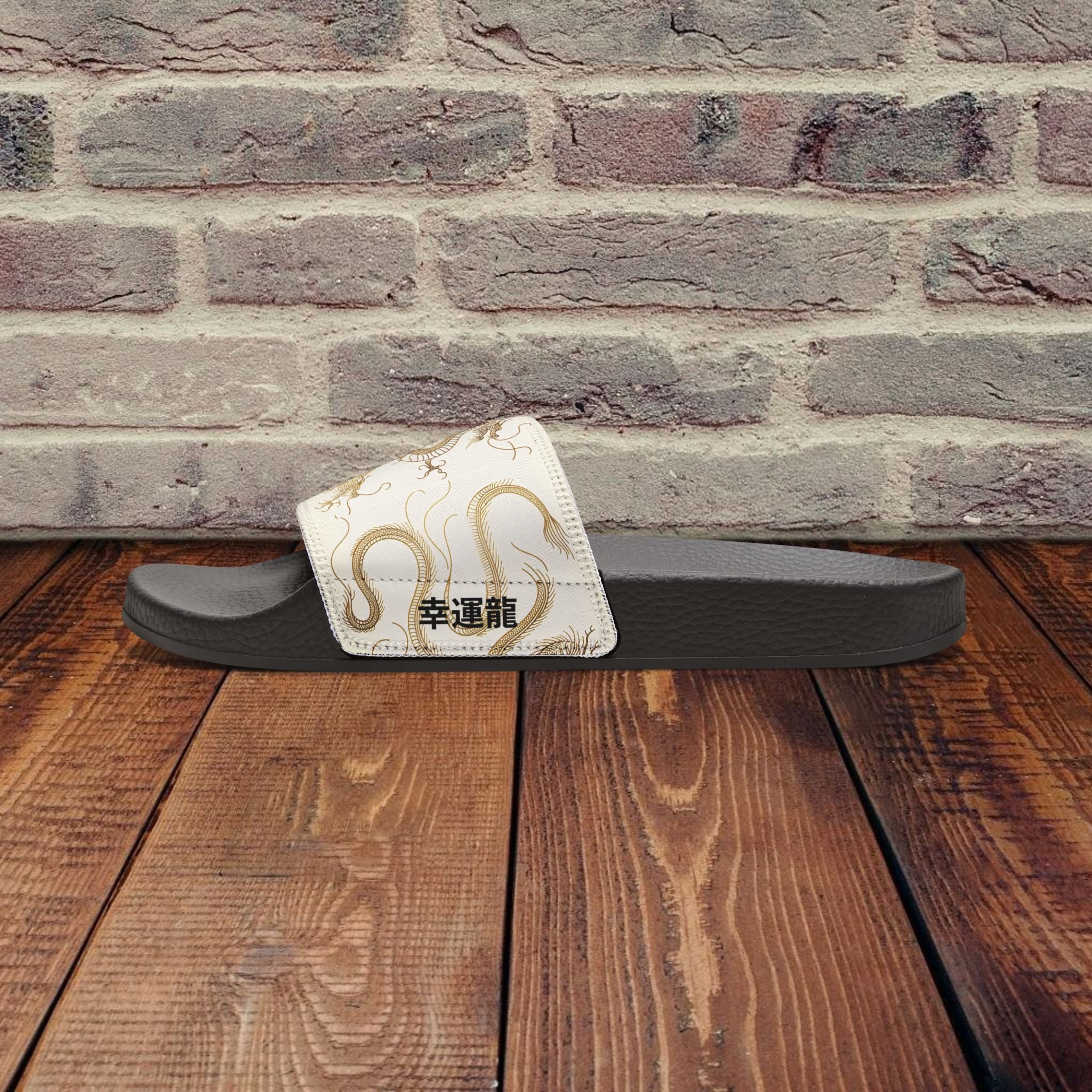 Golden Dragon Women's custom Slides with a 幸運龍 Lucky Dragon traditional Chinese text blessing