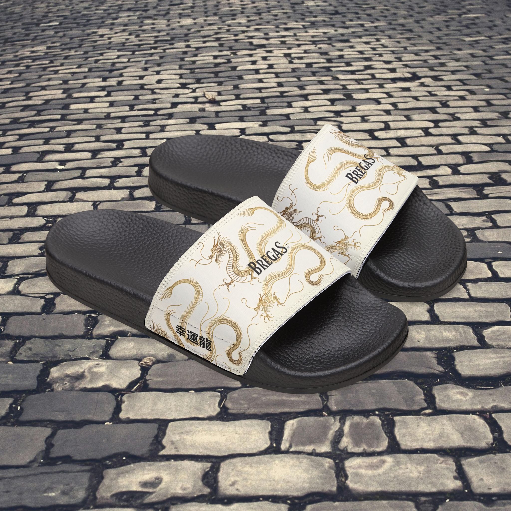 Golden Dragon Women's custom Slides with a 幸運龍 Lucky Dragon traditional Chinese text blessing