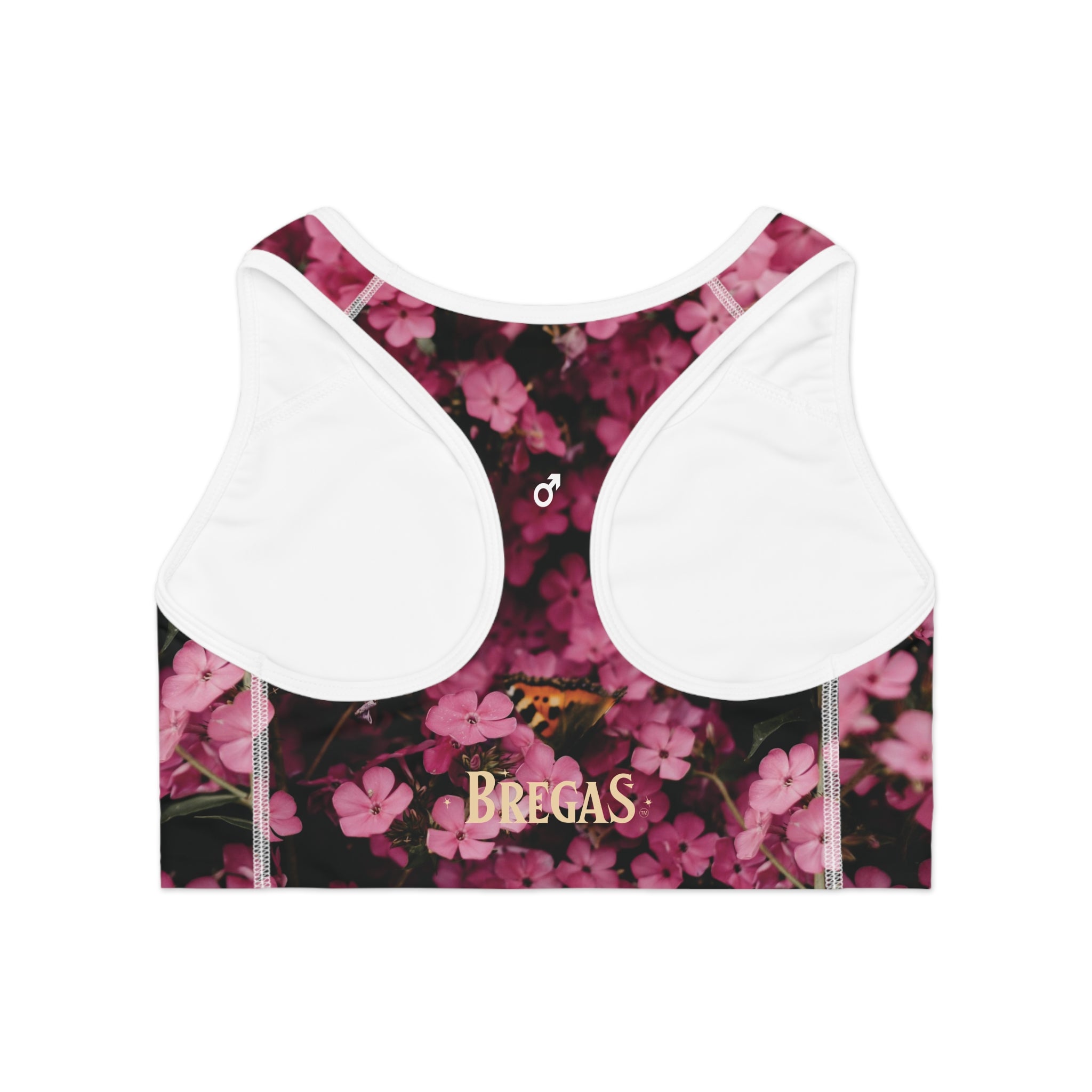 Sports Bra, Pink Phlox flowers with Butterfly, W4M. Made in the USA.